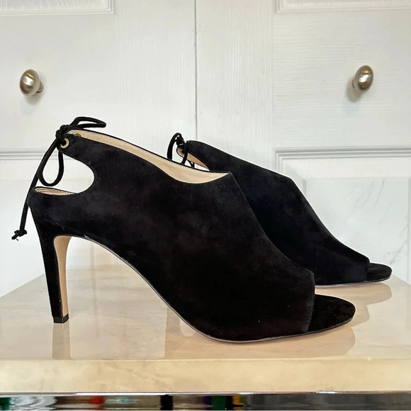 Cole Haan Emmett Bootie Black Suede Tie Ankle Open Toe Heel Size 9.5 B - Picture 2 of 11
